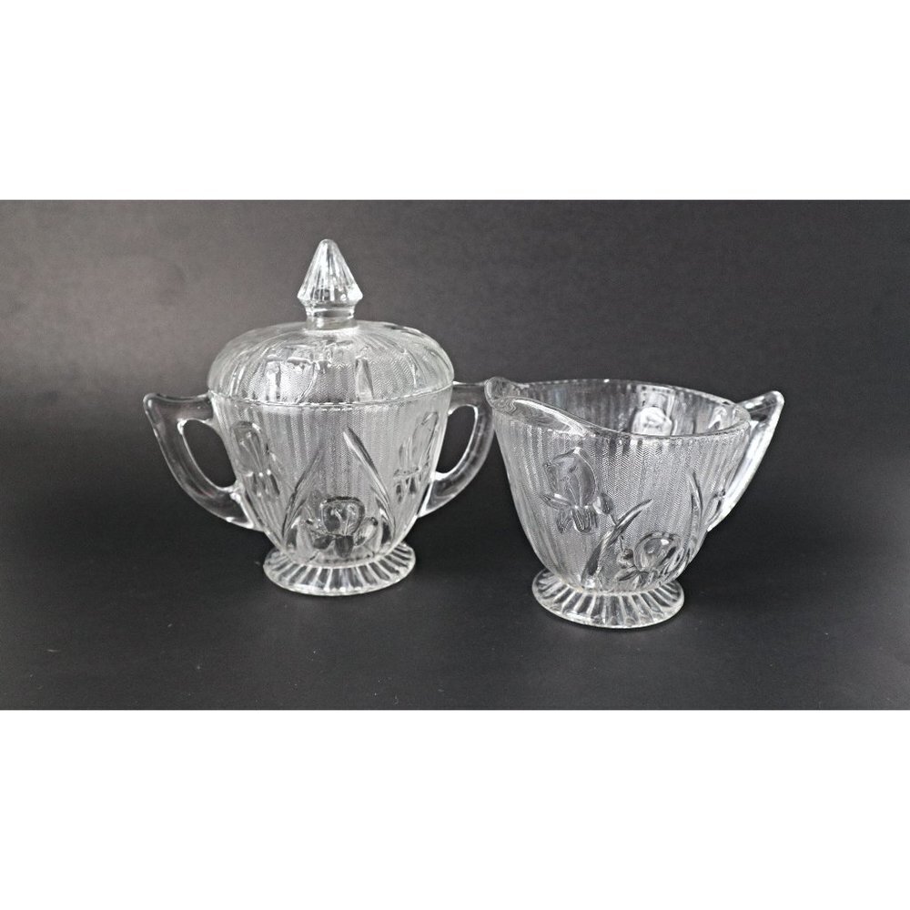 Depression Glass Iris And Herringbone Cream and Sugar with Lid Jeanette 1930's